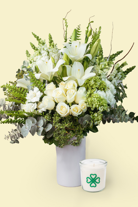 Vela Trébol + A tu memoria - Rosa Blanca y Lilium Blanco