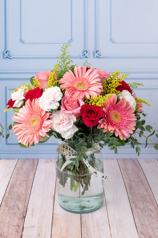 Colores Alegres - Gerbera Rosa, Rosa Roja y Clarita ACA