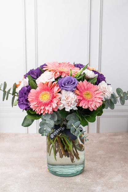 Coral - Gerbera Rosa, Lisianthus Morado y Clavel Rosa XAL